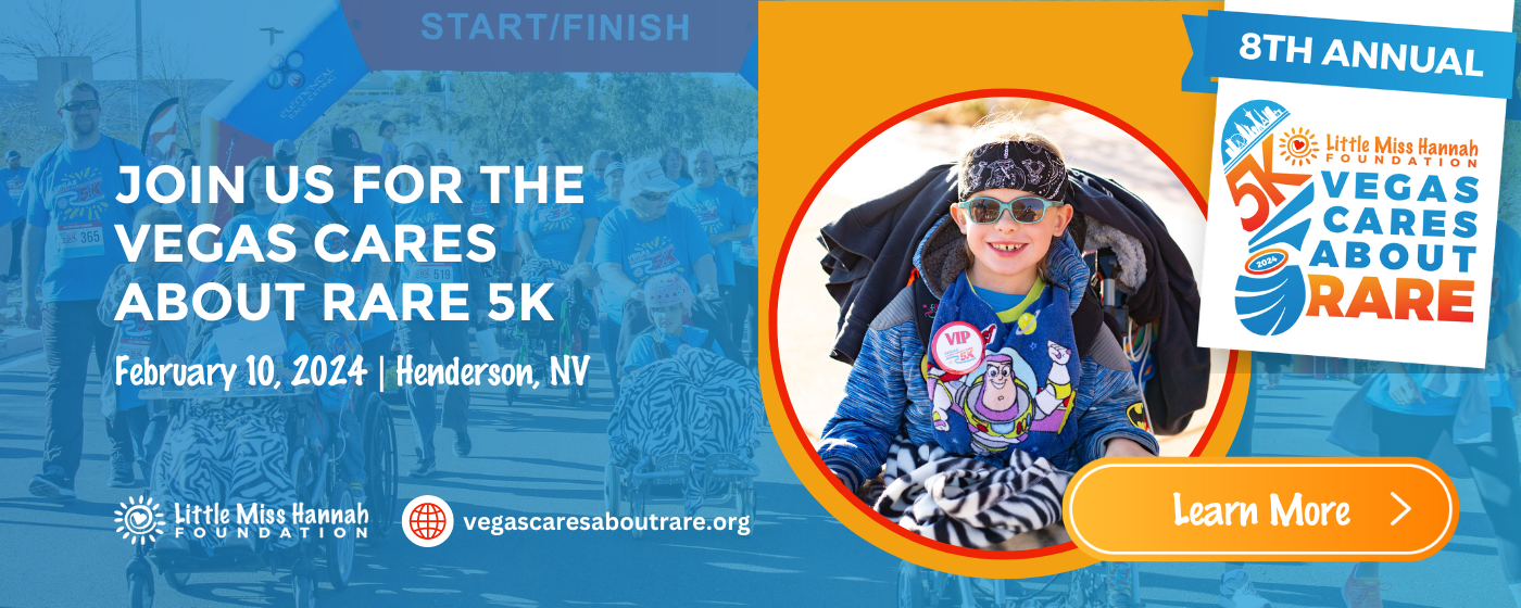 A banner advertising the Vegas Cares About Rare 5k run and walk on February 10, 2024 in Henderson Nevada, website at vegascaresaboutrare.org